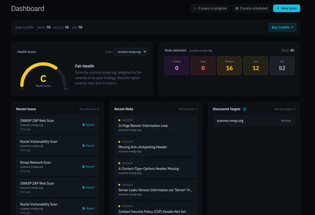VulnScanners console — dashboard overview